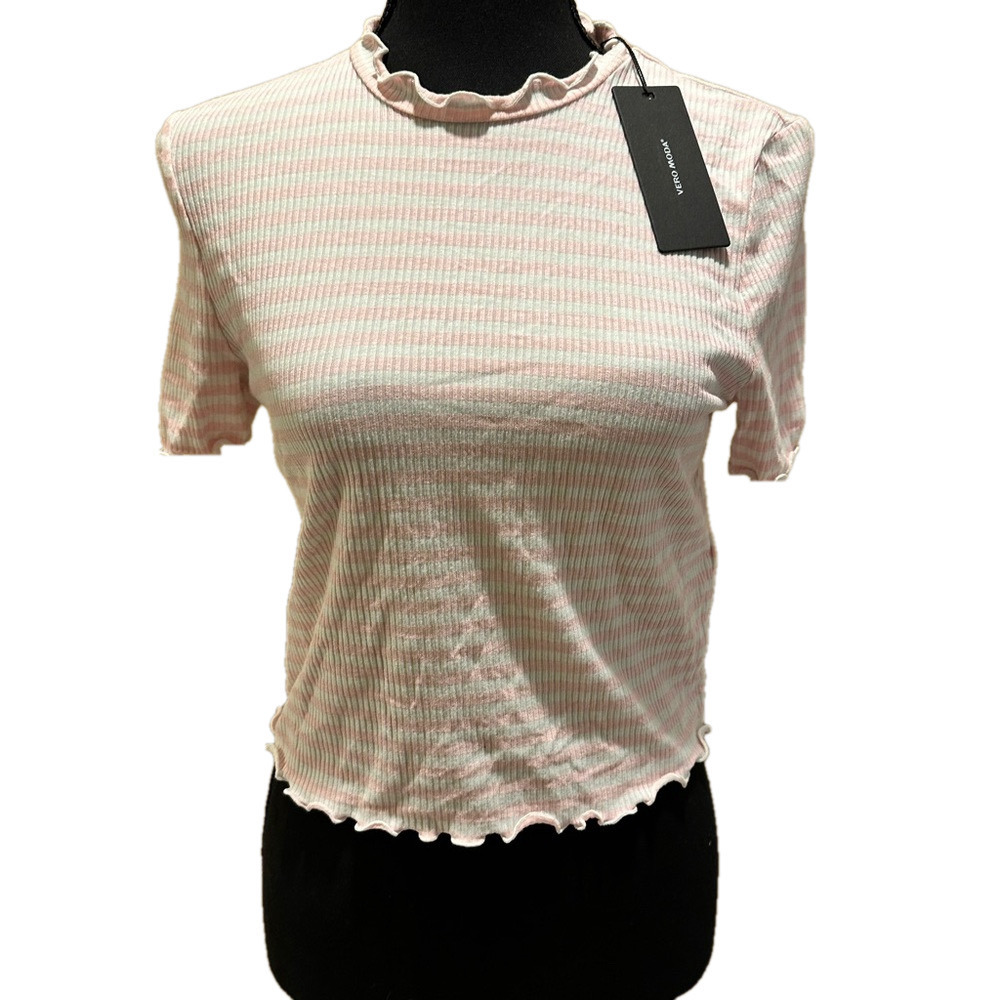 NWT VERO MODA PINK AND WHITE STRIPED SHORT SLEEVE RIBBED TOP